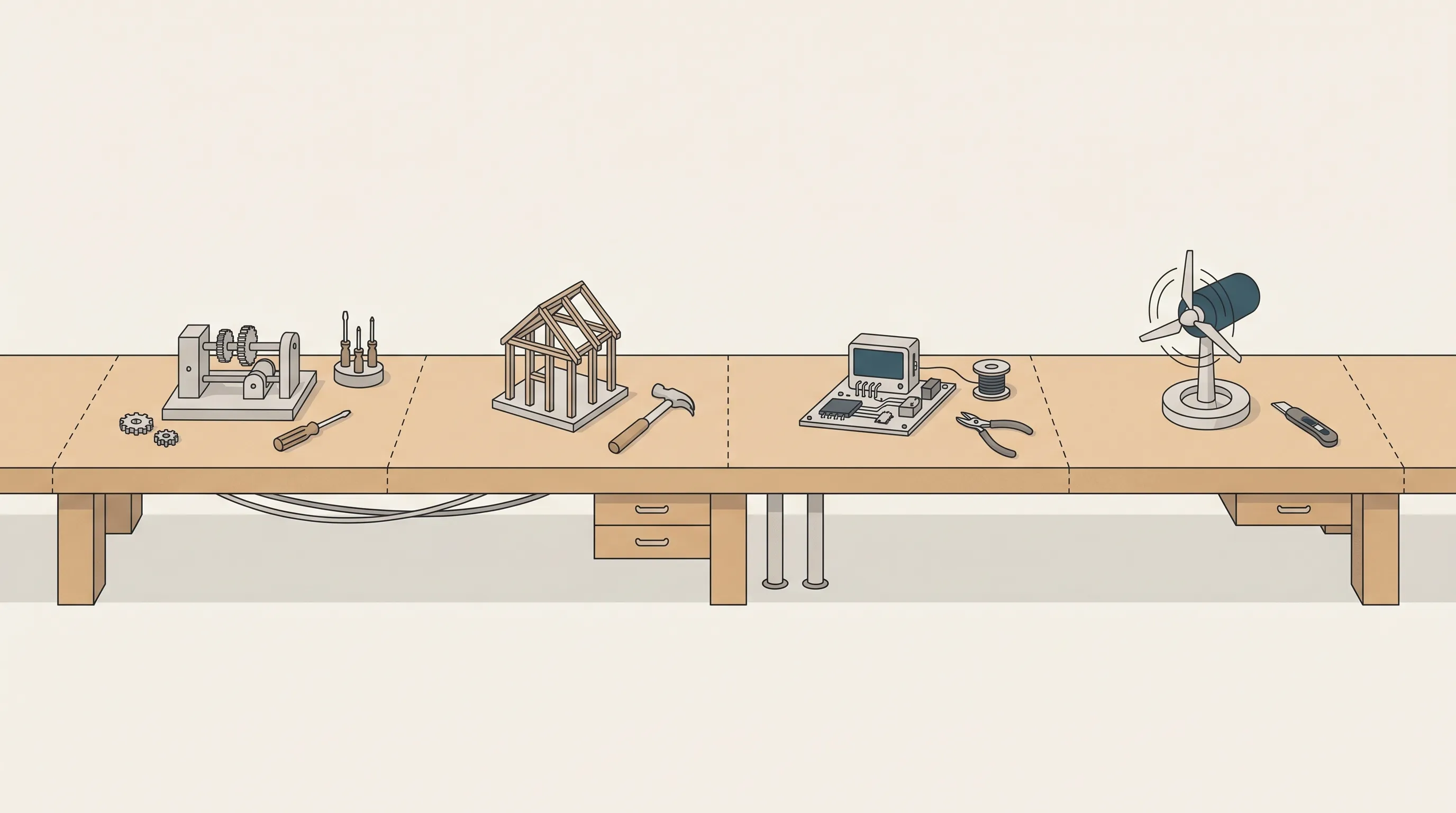 A shared workbench holding several distinct miniature projects, with subtle dashed outlines marking each owner's territory