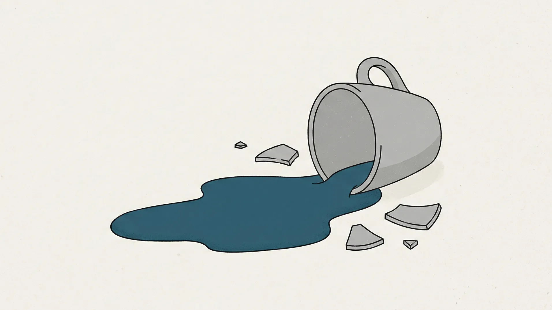 A tipped-over ceramic cup with shards and a spreading teal puddle on an off-white floor