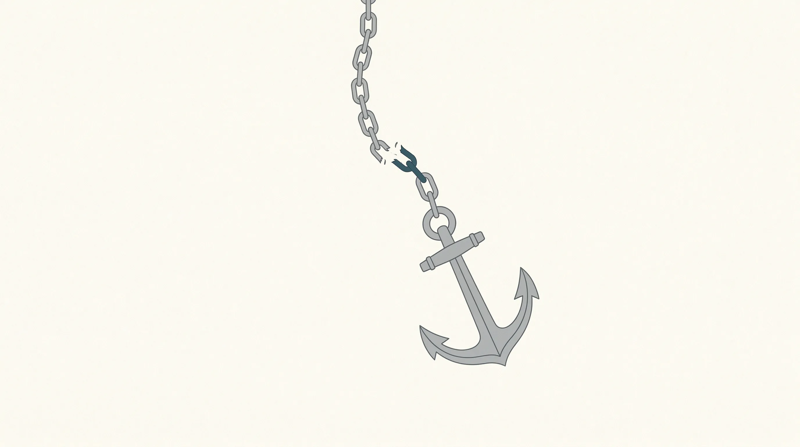 An anchor with a broken chain falling through empty space