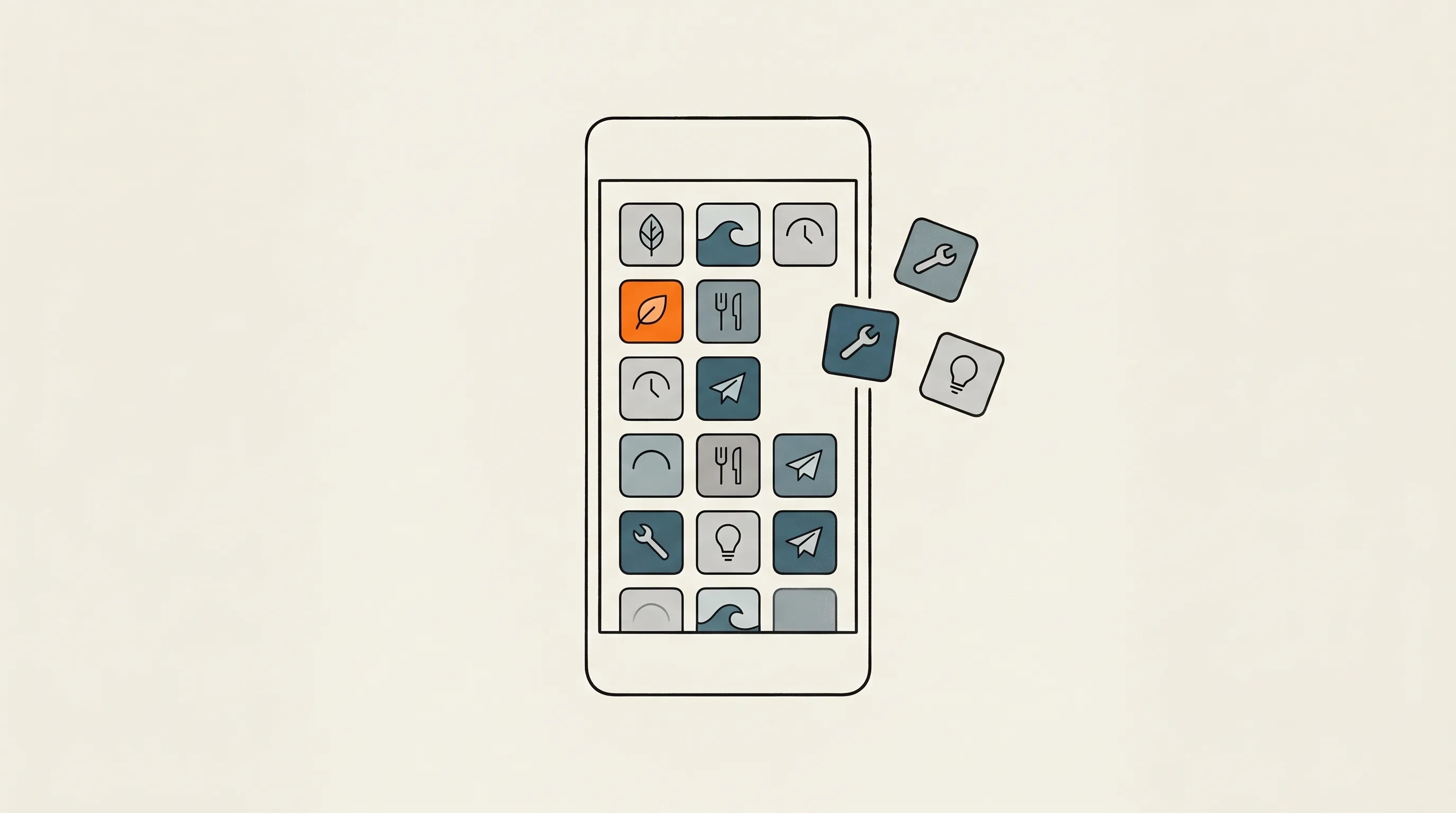 A smartphone screen filled with a grid of small abstract app icons, with a few more tiles drifting in from outside
