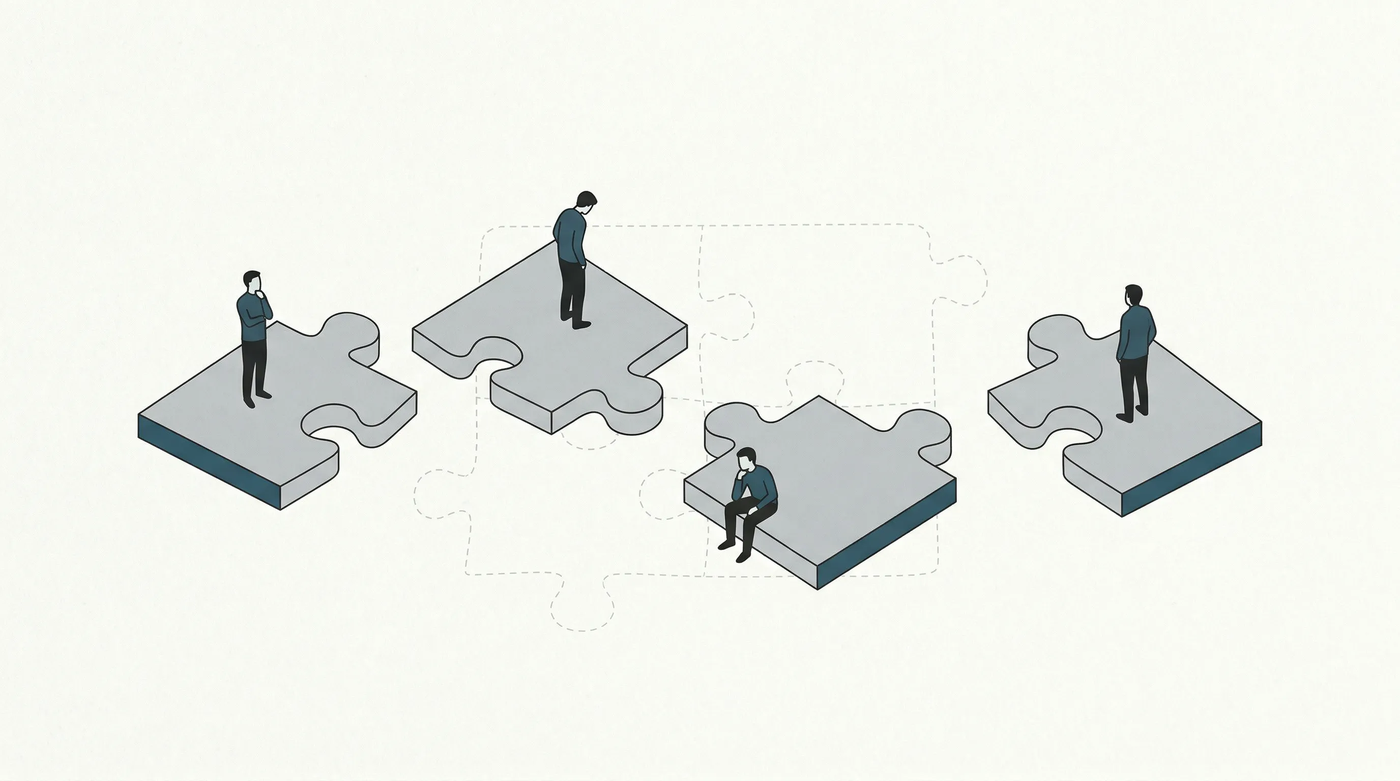 Four jigsaw puzzle pieces spread apart with gaps between them, each holding a small silhouette figure, with a faint dashed outline showing the shape they'd form if assembled