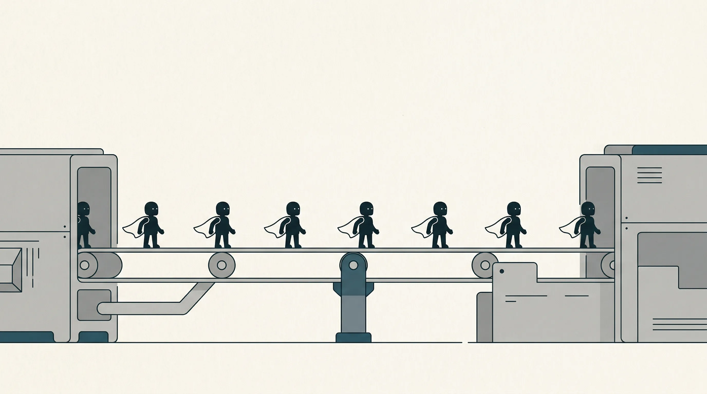 Small caped silhouette figures spaced along a factory conveyor belt