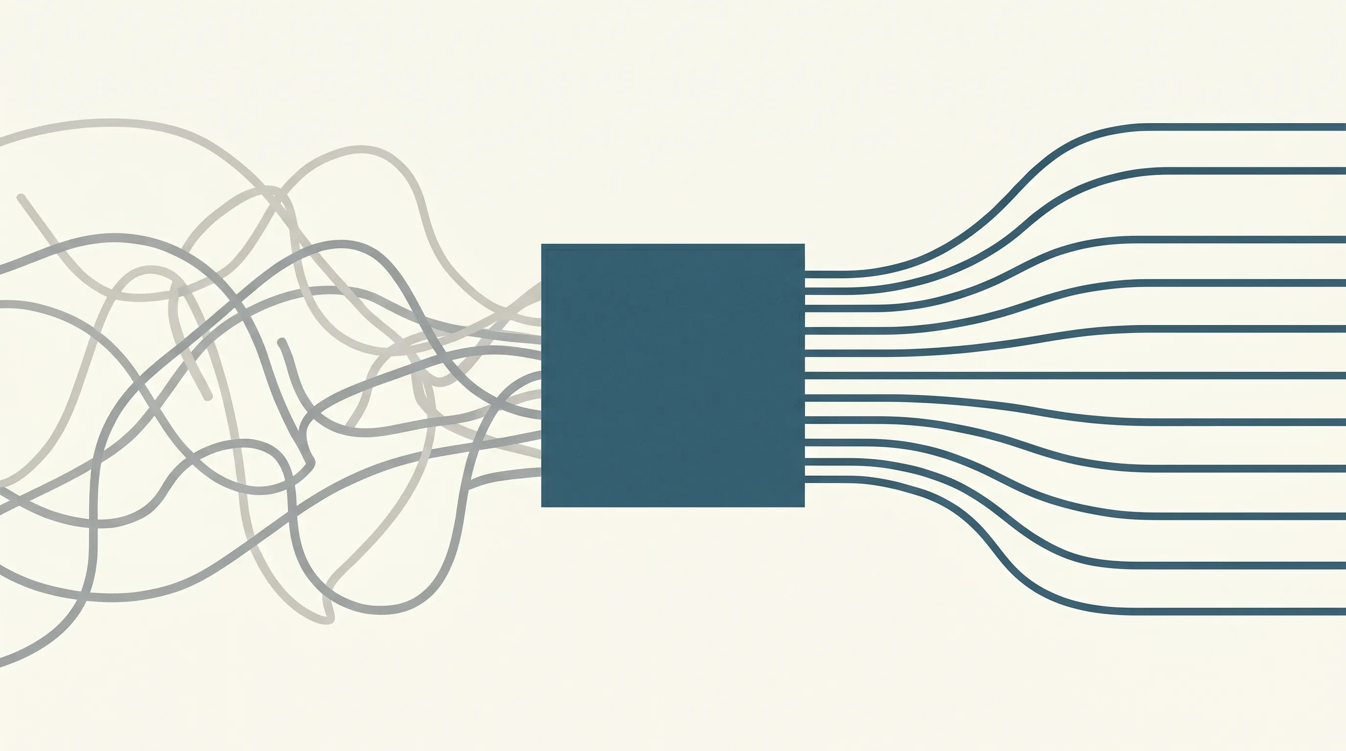 Tangled chaotic pathways on the left converging into a dark teal central block and emerging as orderly parallel lines on the right
