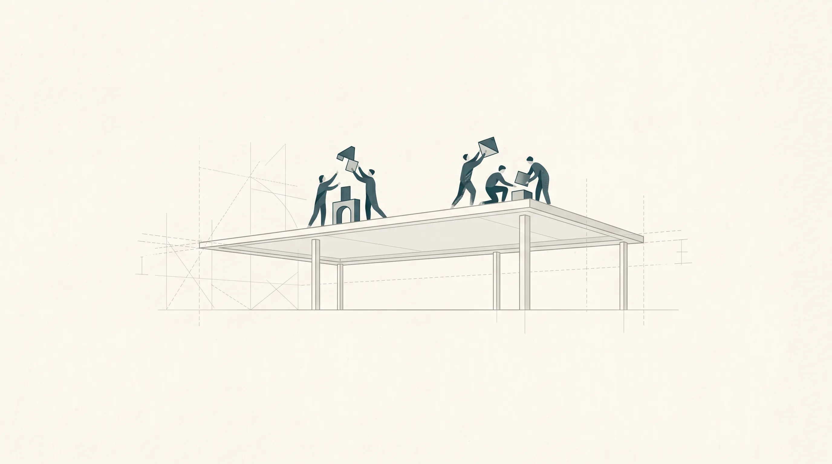 Minimalist illustration of a thin platform slab on slender columns with faint blueprint guidelines, five small abstracted figures on top actively building shapes