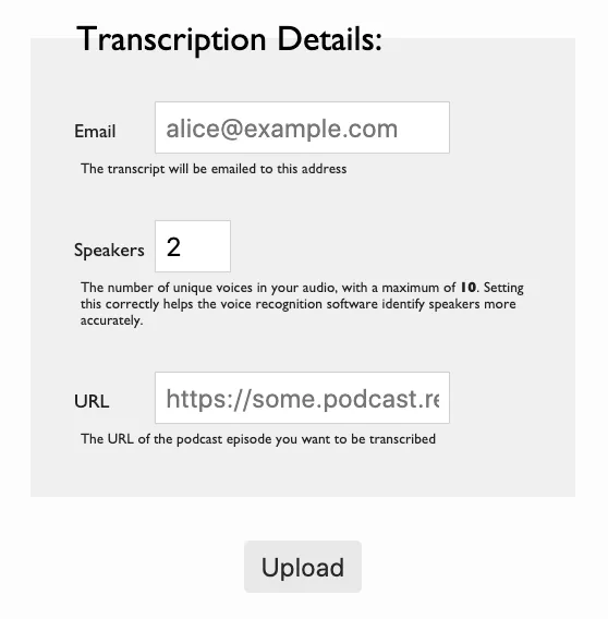 The podcast upload form