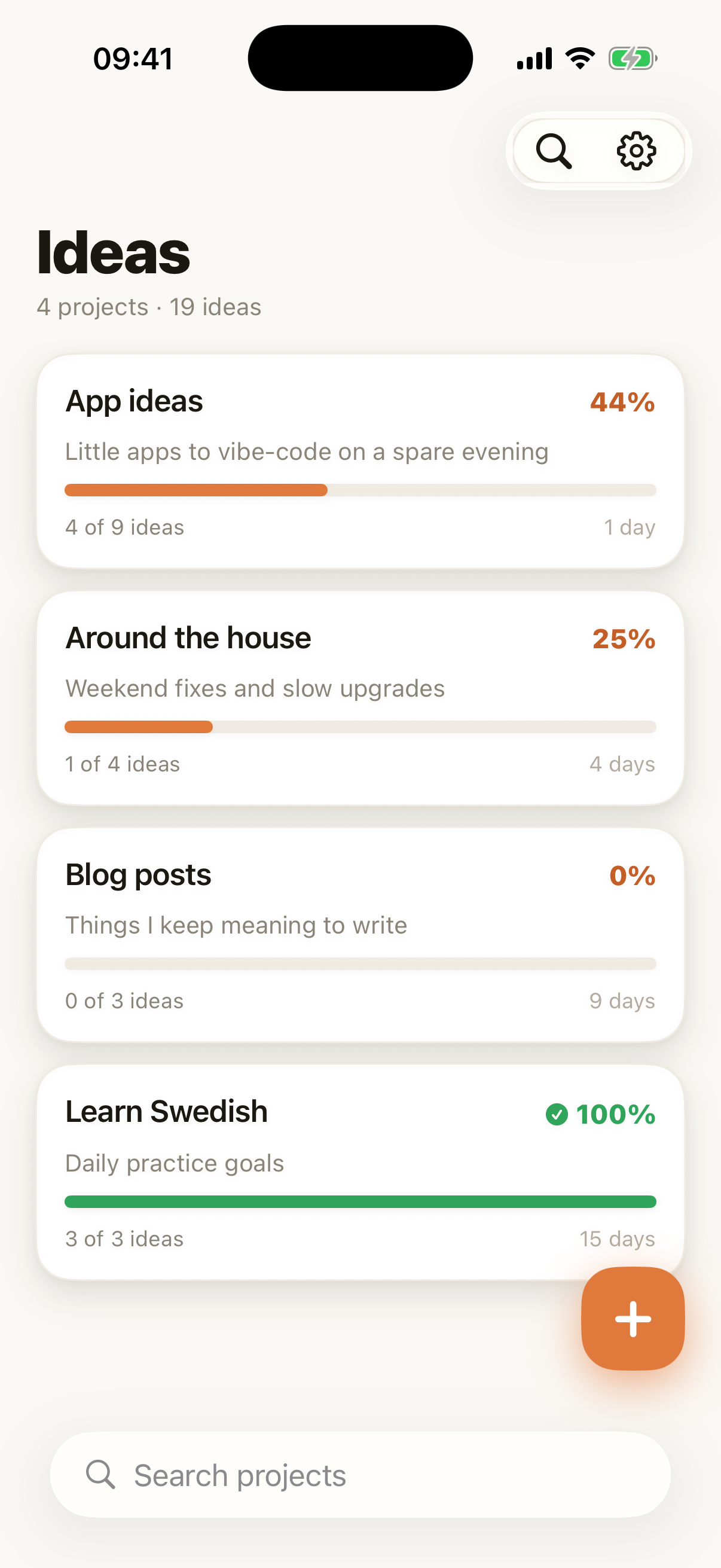 IdeaLog projects with progress bars