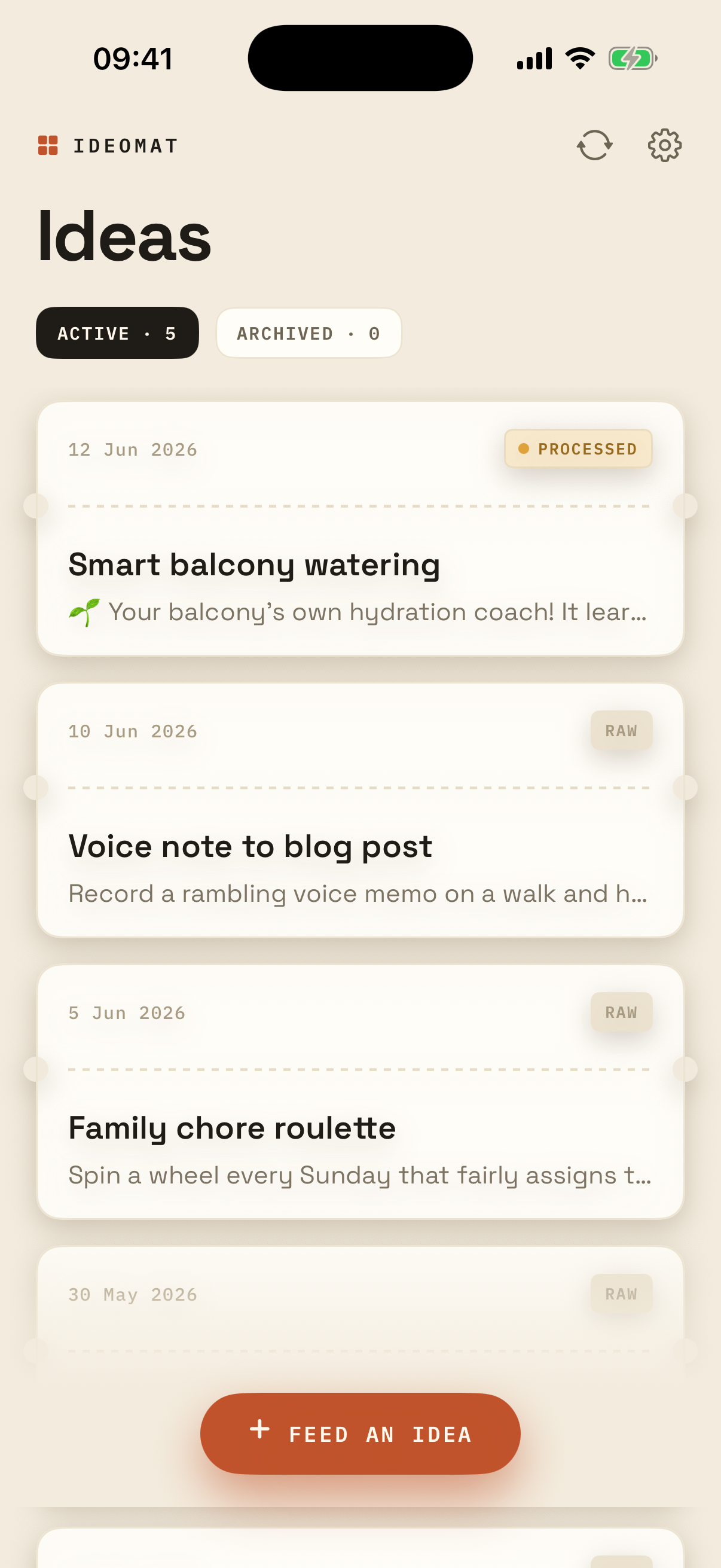 Ideomat list of ideas as paper tickets