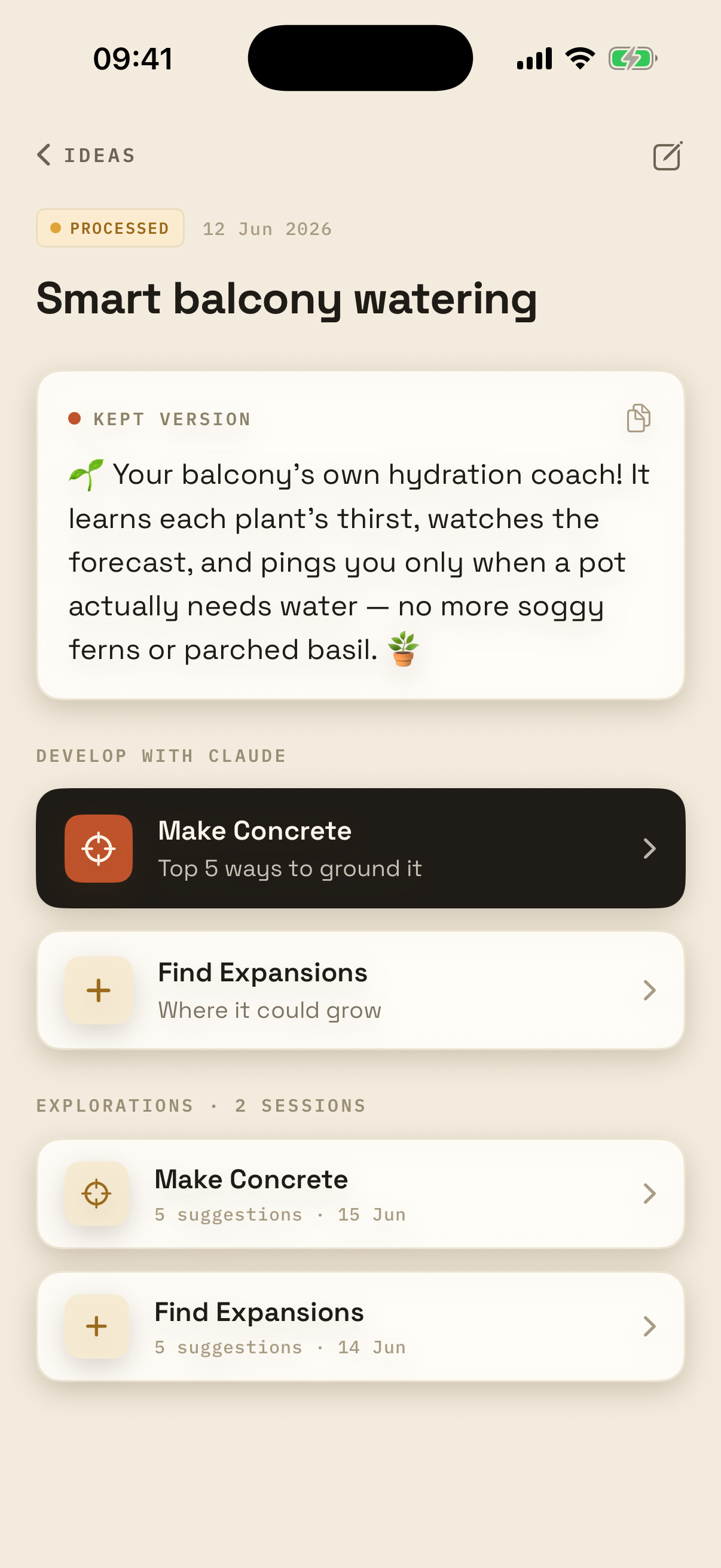 Ideomat idea detail with kept version and exploration sessions