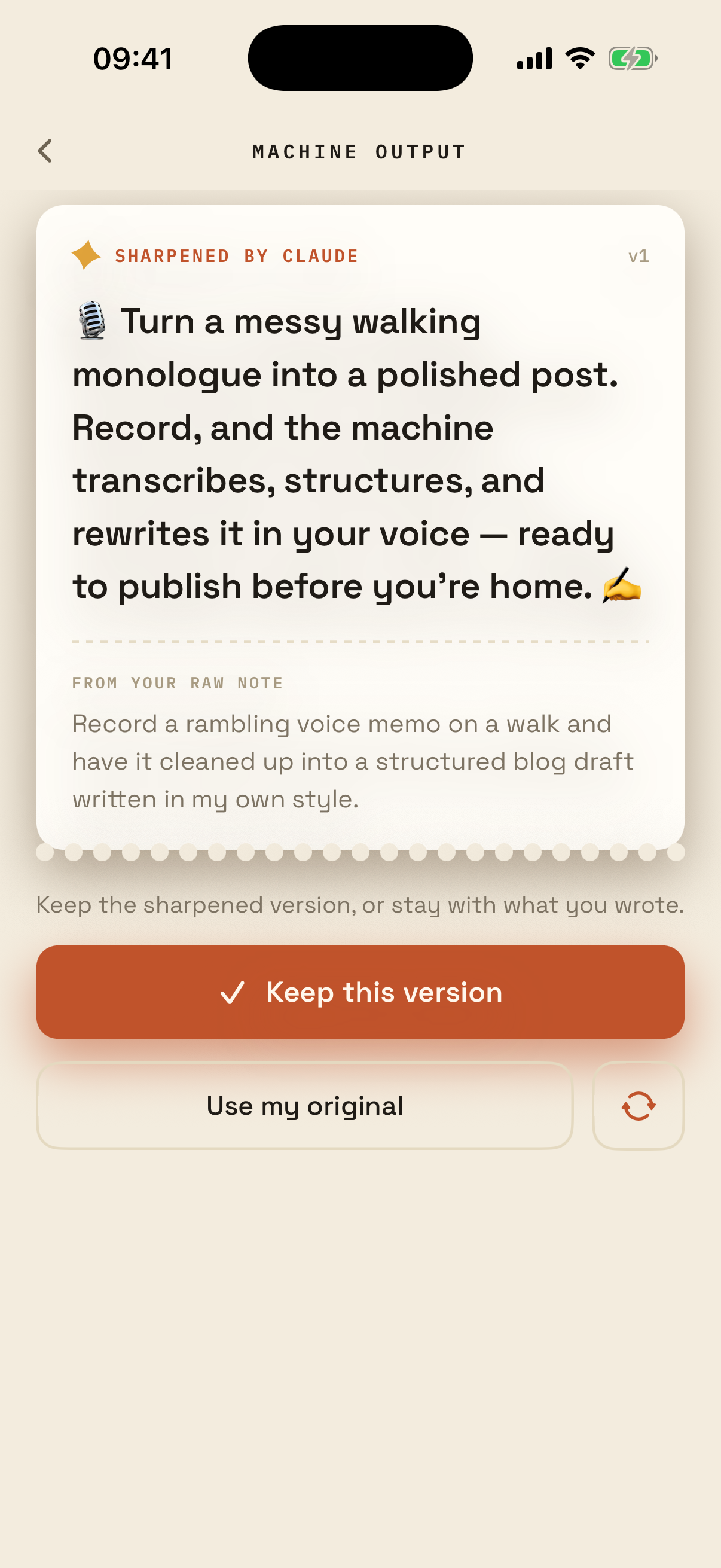 Ideomat machine output — the sharpened version of a raw note