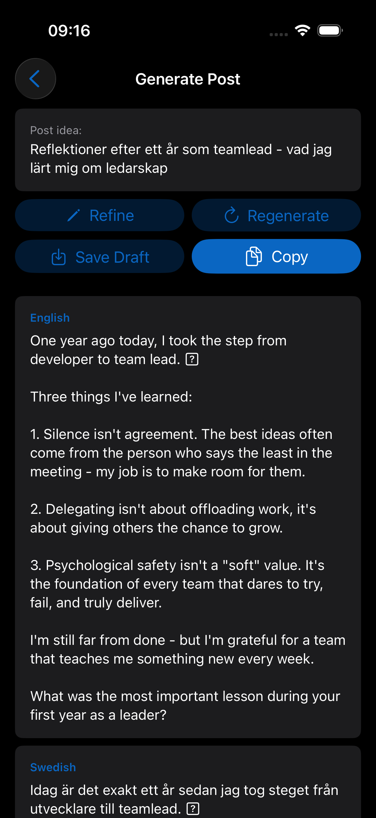 LinkedIn Voice generated post