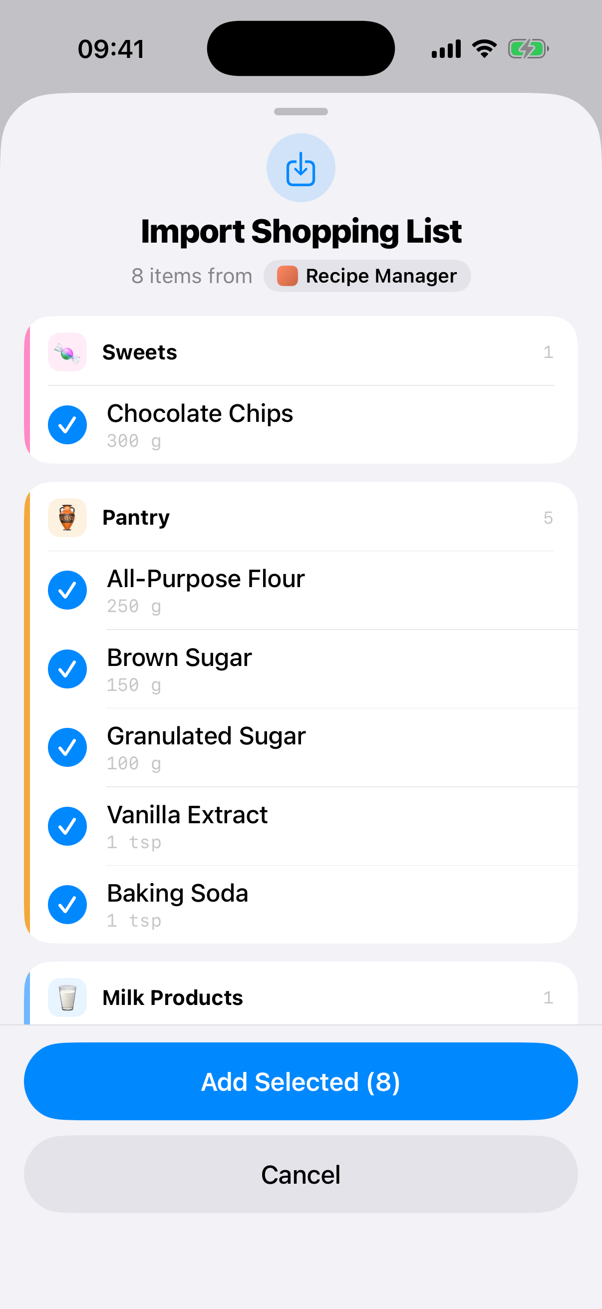 Quicky Shoppy importing ingredients shared from Recipe Manager