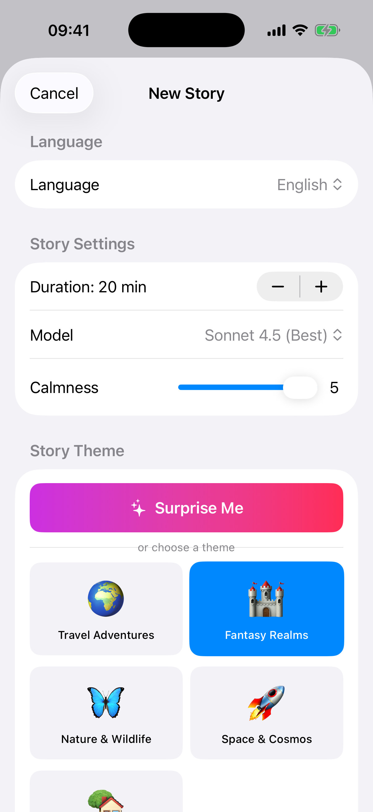 Sleepy Stories generate screen